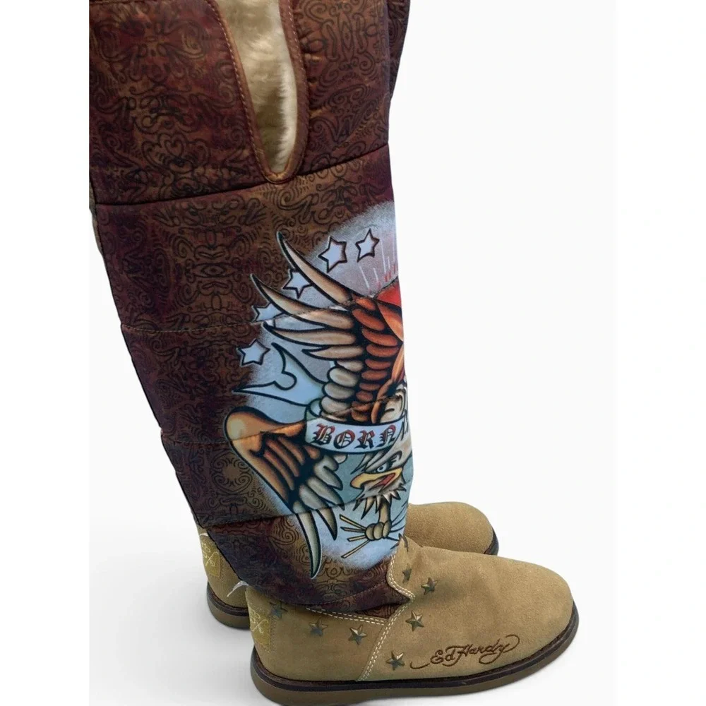 Vintage Y2K Ed Hardy Born Free Eagle Boots Womens 7 Suede Fur Lined Tattoo